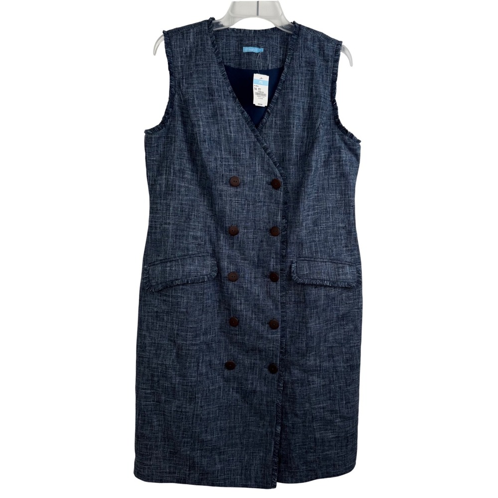 J McLaughlin Pia Dress Women 14 Sleeveless V Neck Double Breasted Denim Midi NWT